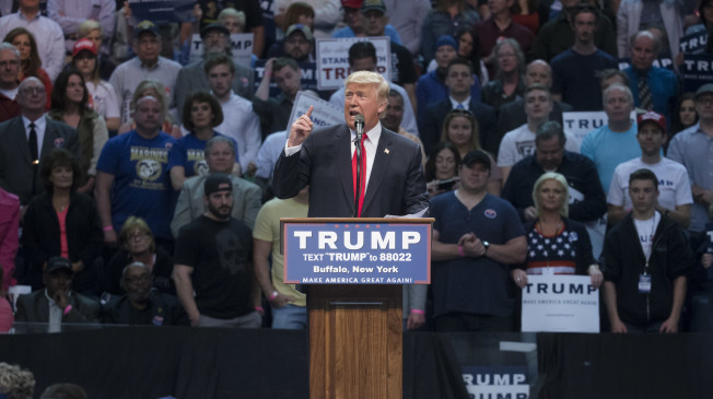 Republican presidential candidate Donald Trump speaks during a campaign stop at the First Niagara Center, Monday, April 18, 2016, in Buffalo, N.Y. (AP Photo/John Minchillo)