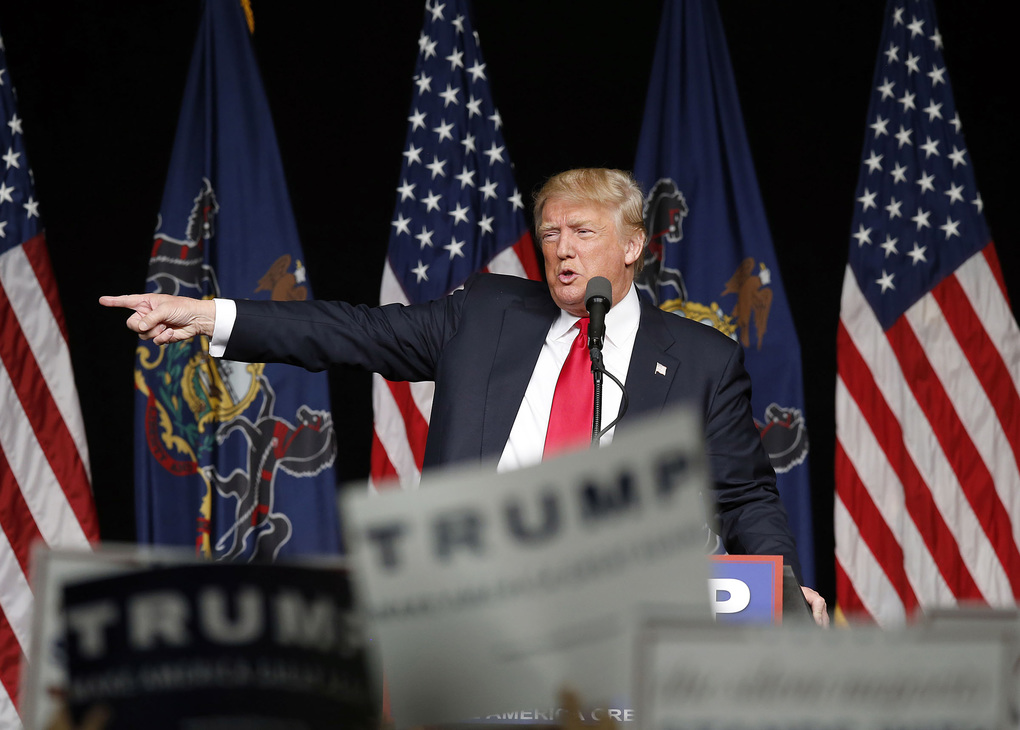 Republican presidential candidate Donald Trump during a rally at the Pennsylvania Farm Show Complex & Expo Center in Harrisburg, Pa., on Thursday, April 21, 2016. (Yong Kim/Philadelphia Daily News/TNS)