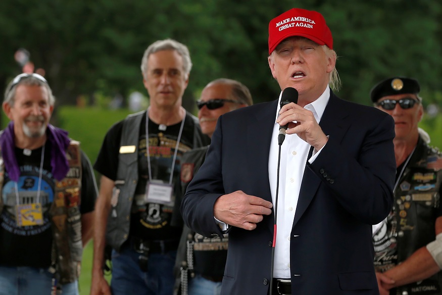 Republican U.S. presidential candidate Donald Trump addresses the Rolling Thunder motorcycle rally to highlight POW-MIA issues on Memorial Day weekend in Washington, U.S. May 29, 2016. REUTERS/Jonathan Ernst - RTX2EQSU