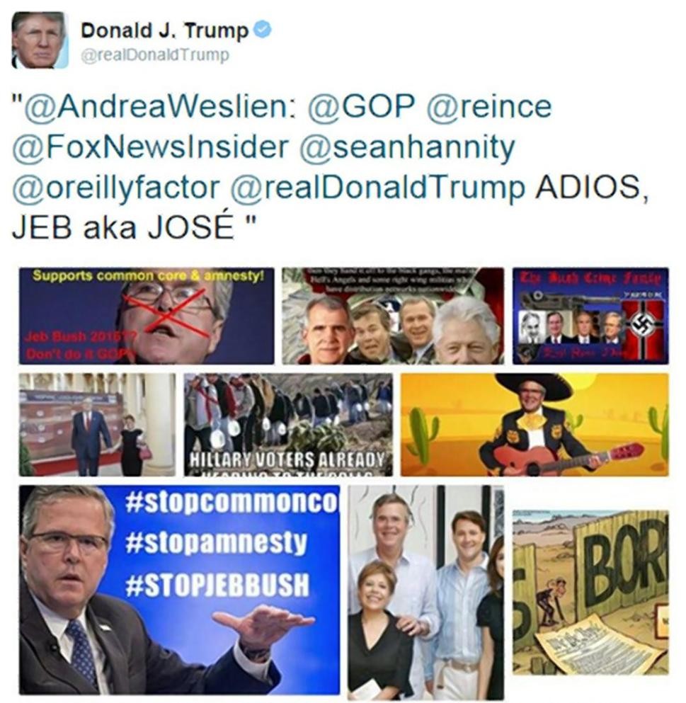 Trump tweets "ADIOS, JEB aka JOSE" with racist and Nazi imagery.